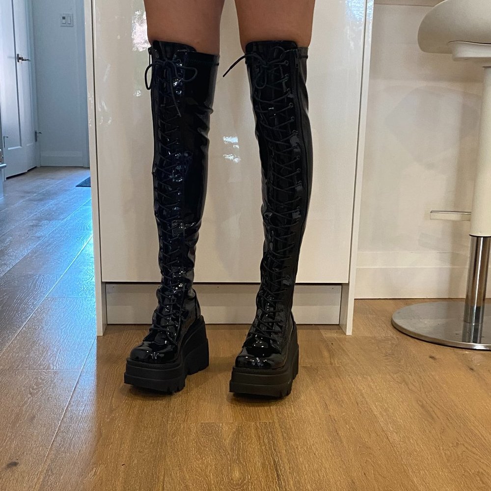 DEMONIA black glossy platform thigh highs Size-6( if buying please use paypal!)
